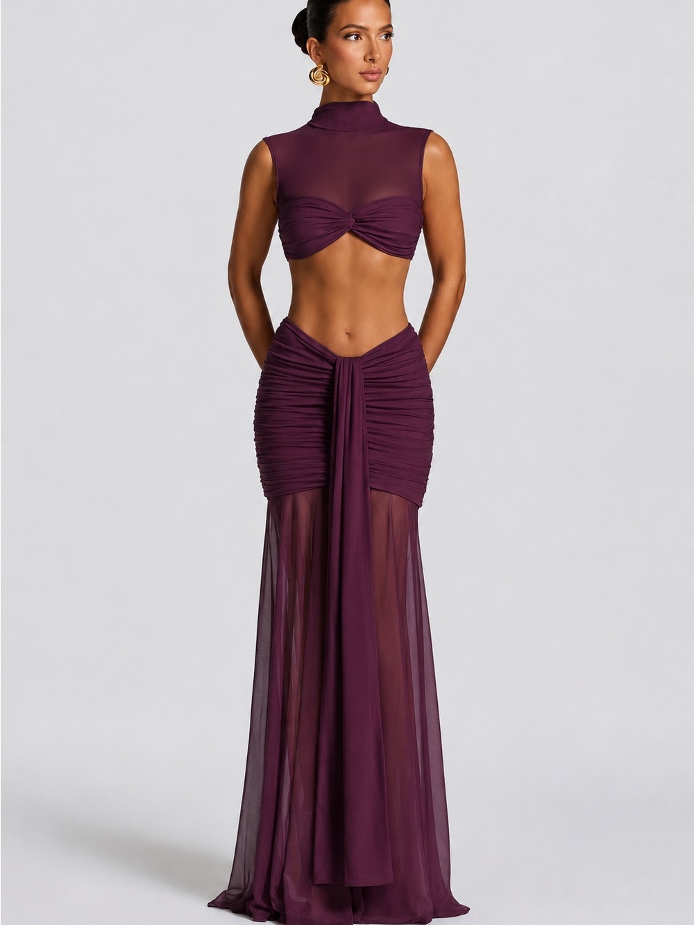 Twist Front Sheer Plum Maxi Dress